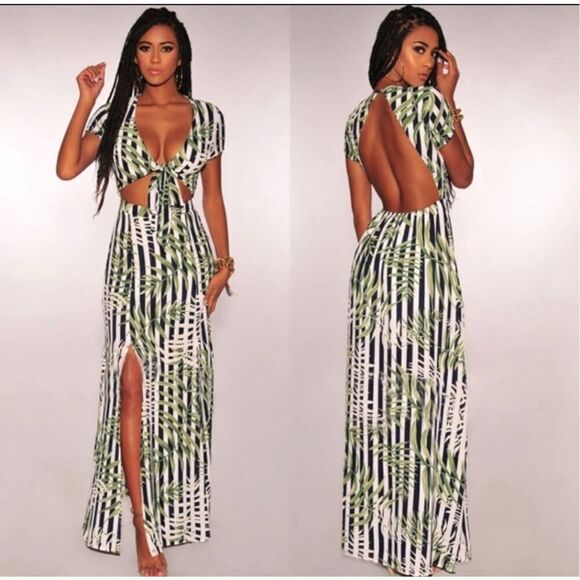 Hot Miami Styles Small La La Land Tropical Print Maxi Dress Cutout Open Back